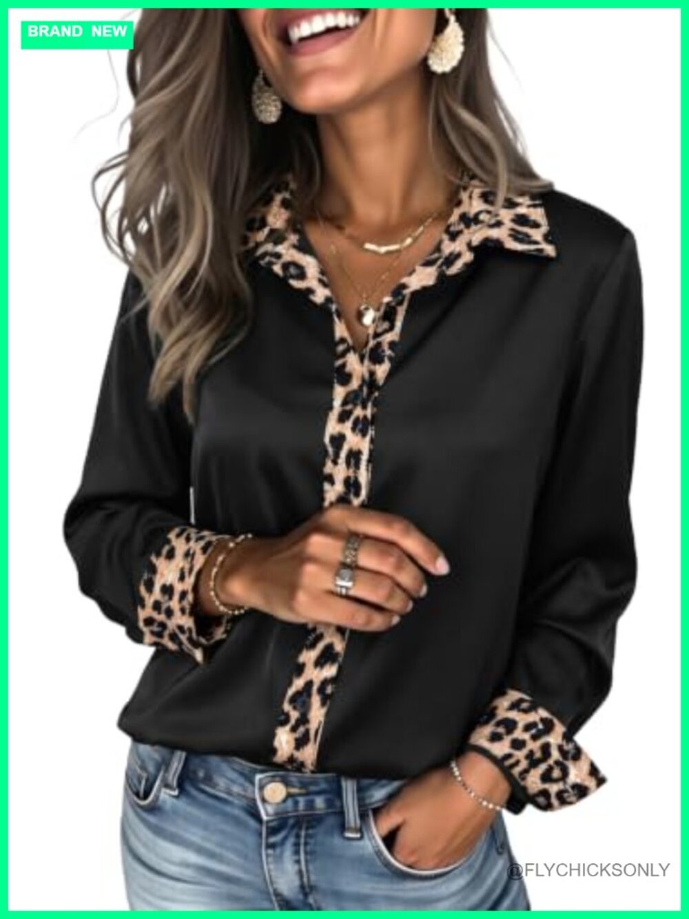 Satin Leopard Print Patchwork Button Down Shirt Long Sleeve V Neck Blouse